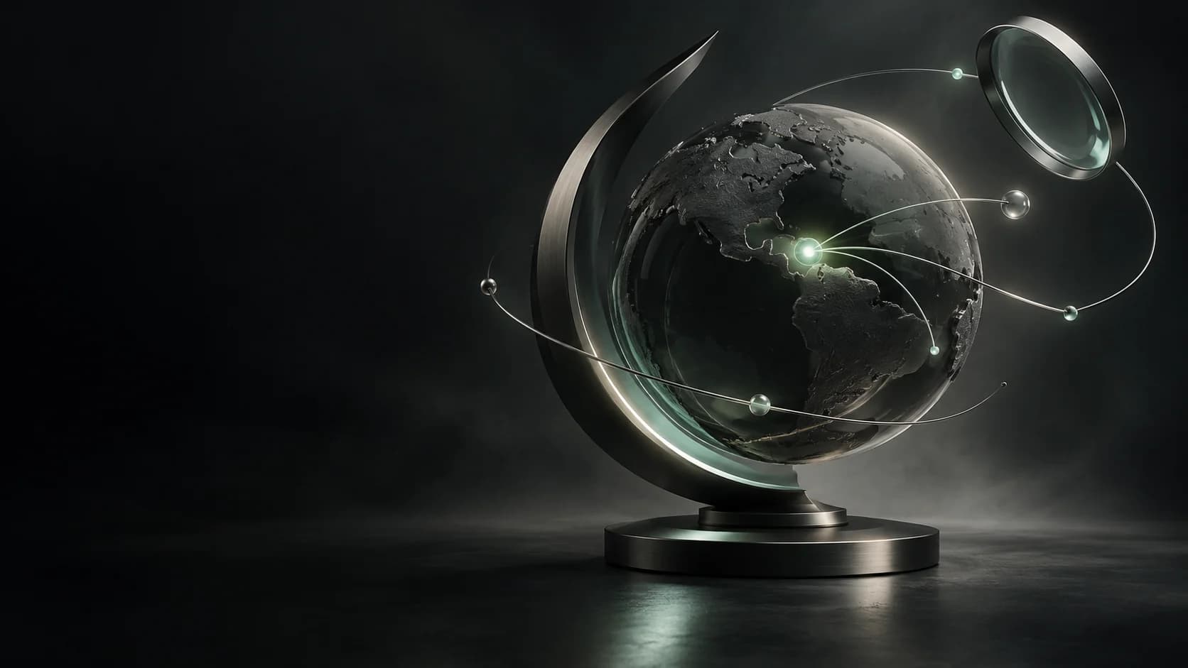 An illuminated mint point on a curved glass globe with a floating lens, illustrating discoverability.