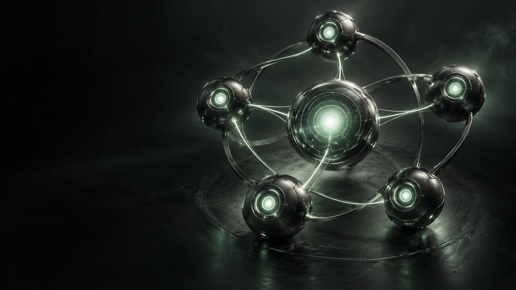 Five graphite cores connected around a luminous mint center, illustrating coordinated AI employee roles.
