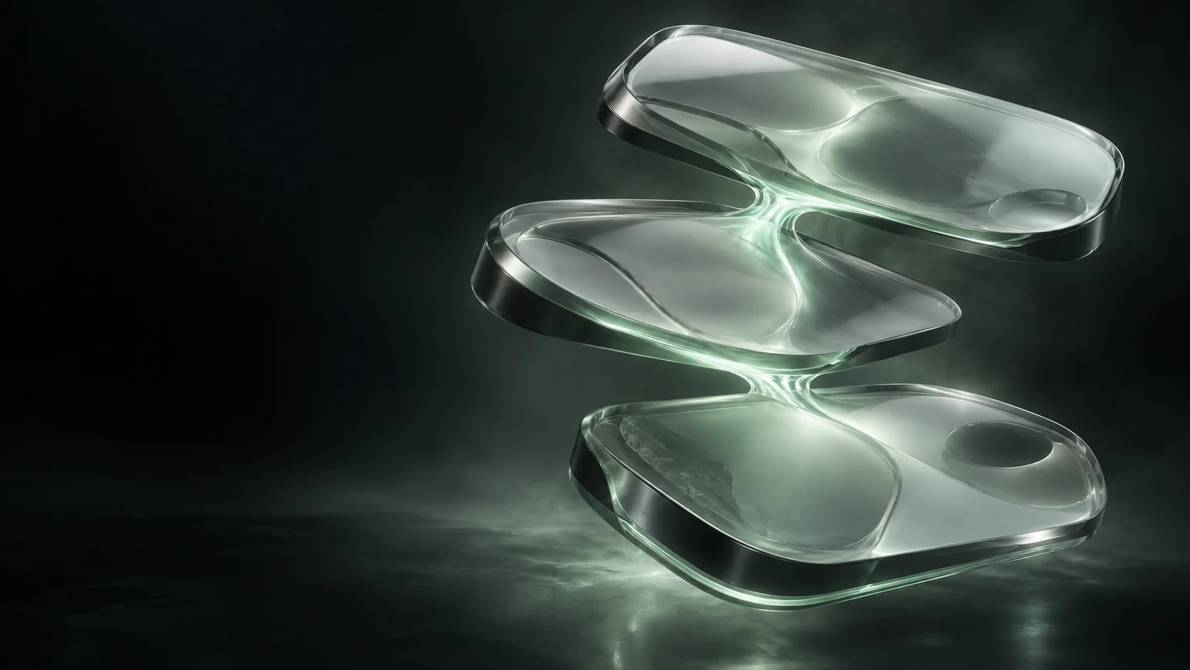 Pearl glass panels connected by mint channels in a dark studio, a conceptual illustration of website handoffs.